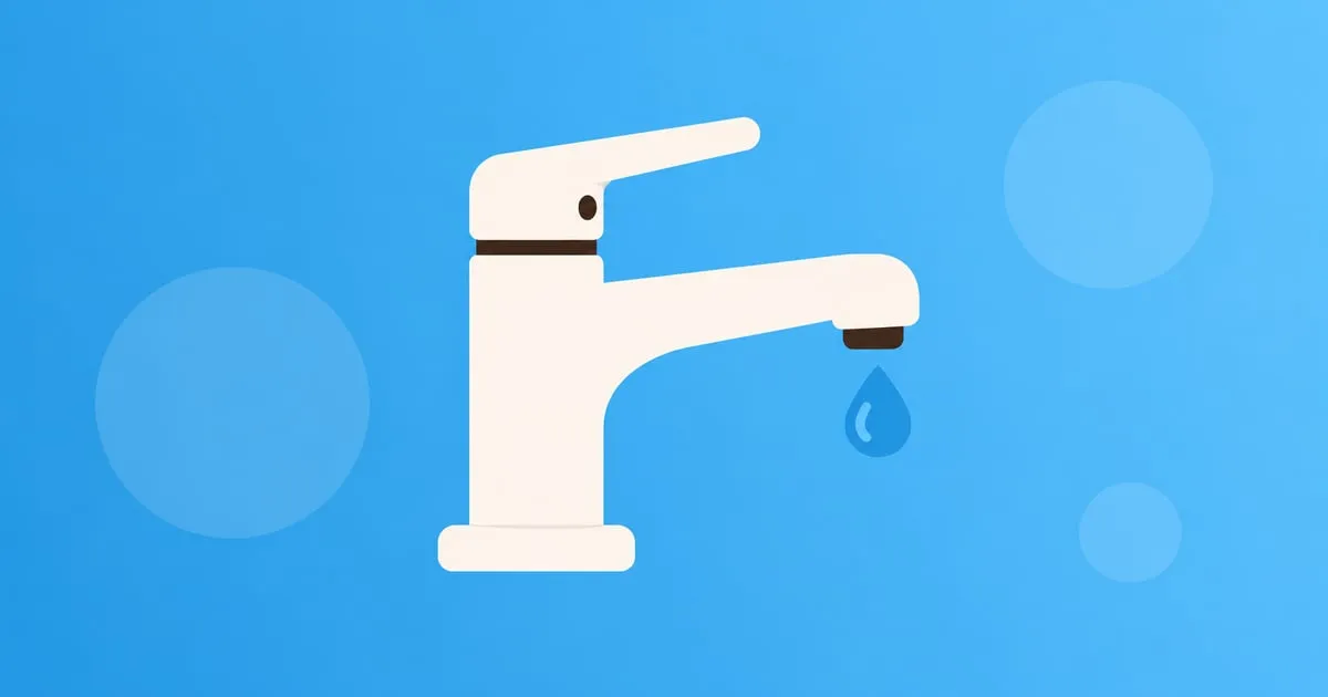 Ilustração de uma torneira estilizada com uma gota d'água caindo do bico, sobre fundo azul em gradiente