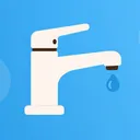 Ilustração de uma torneira estilizada com uma gota d'água caindo do bico, sobre fundo azul em gradiente