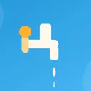 Ilustração de uma torneira azul com uma gota d’água caindo