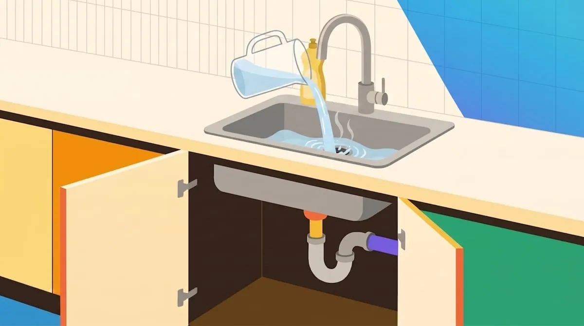 Jarra despejando água quente no ralo de uma pia de cozinha